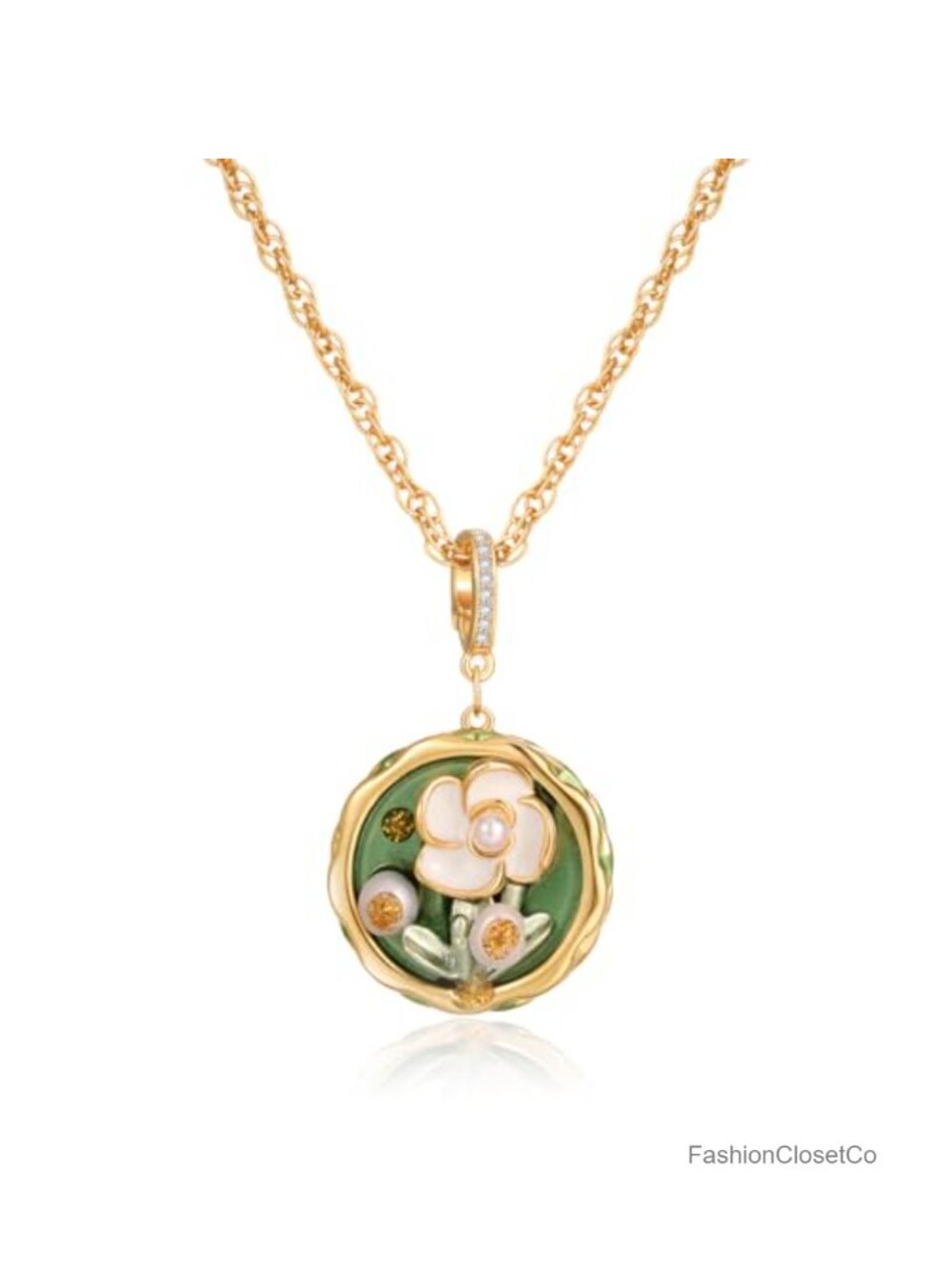 Vintage Van Gogh Flower Pendant Necklace Gold Plated Brass Freshwater Pearl